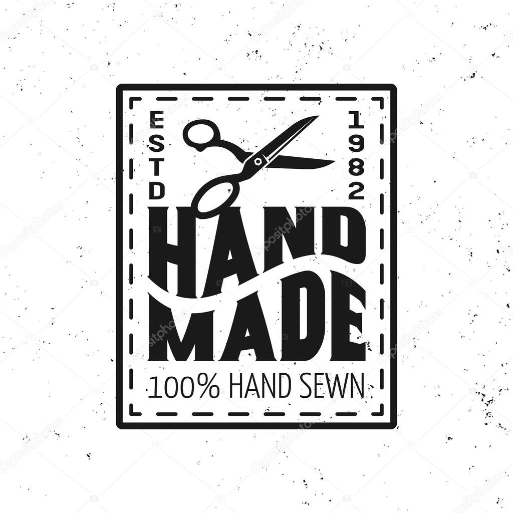 Hand made sewing vector black squared emblem, label, badge or logo in vintage style for tailor shop isolated on white background