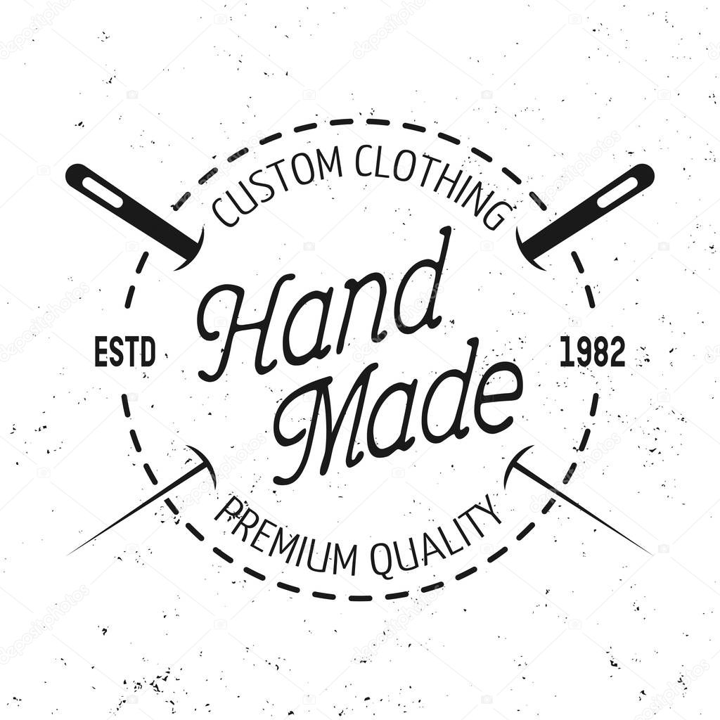 Tailor shop vector black round emblem, label, badge or logo in vintage style with stitch and two needles isolated on white background