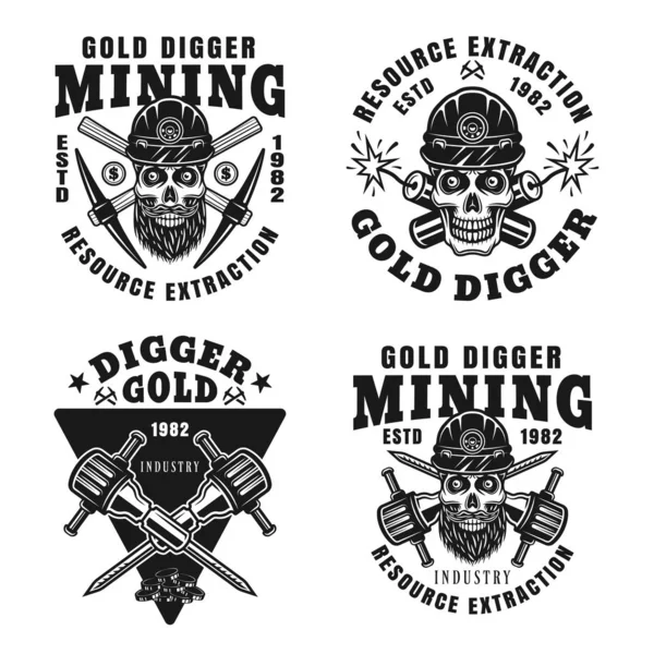 Zestaw złoty Digger czterech wektorowych emblematów monochromatycznych — Wektor stockowy