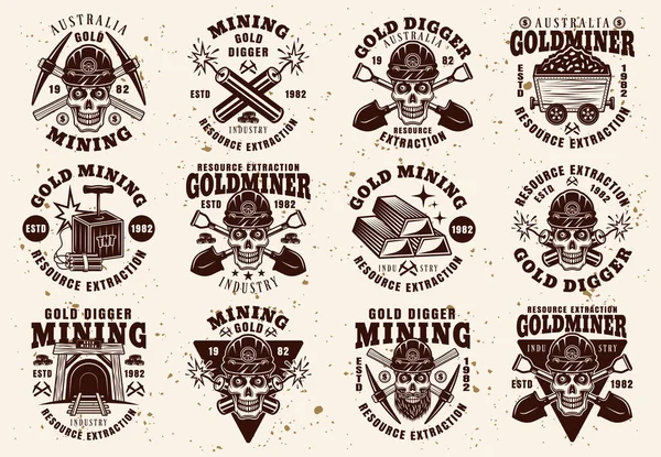 Conjunto de emblemas de vectores vintage de la industria minera del oro — Vector de stock