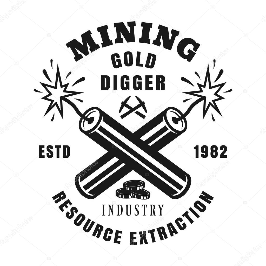 Two crossed burning dynamites vector monochrome emblem, badge, label or logo in vintage style for gold mining industry isolated on white background