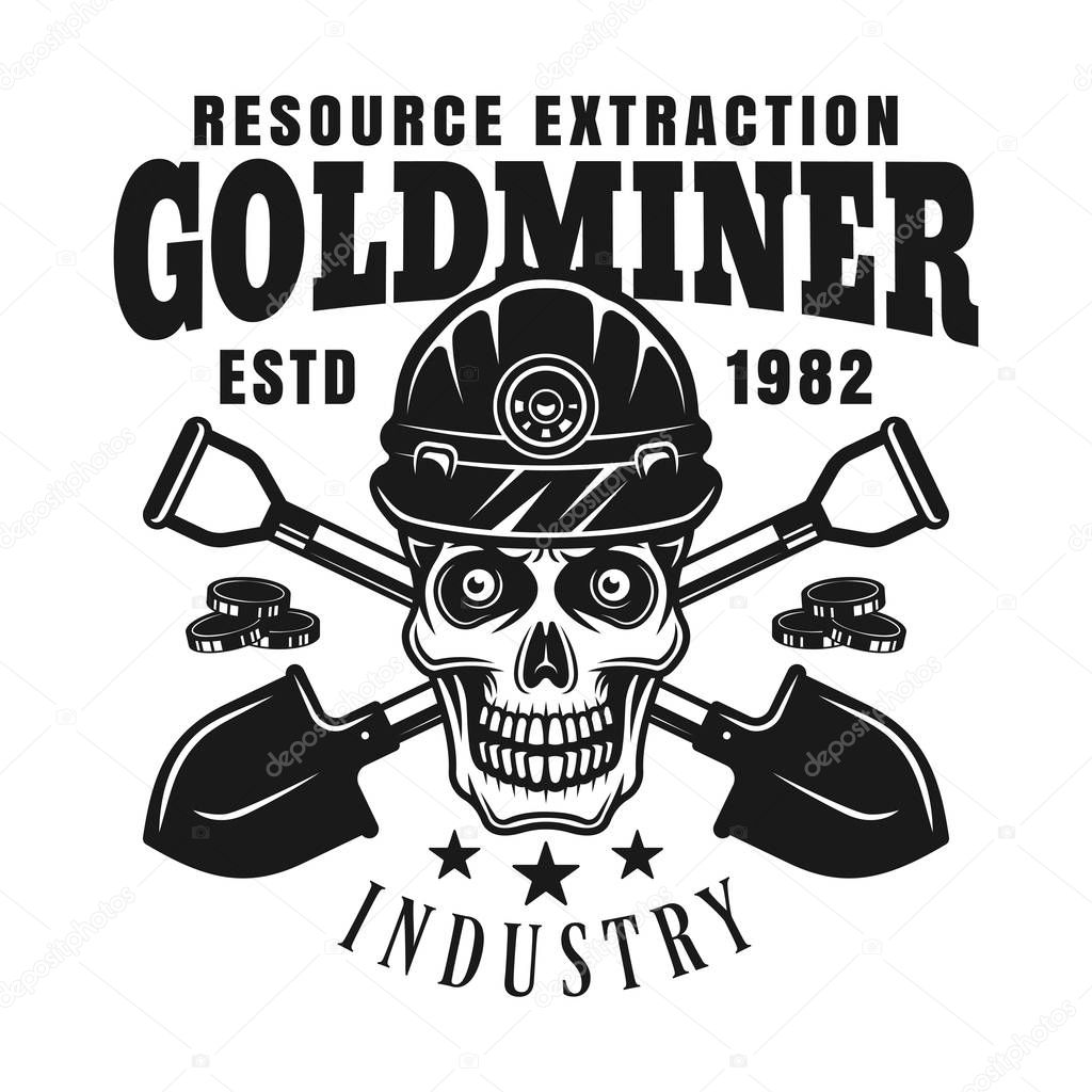 Goldminer skull and crossed shovels vector emblem