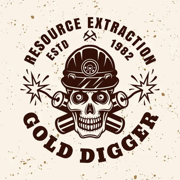 Totenkopf des Goldminenarbeiters und Dynamit-Vektor-Emblem — Stockvektor