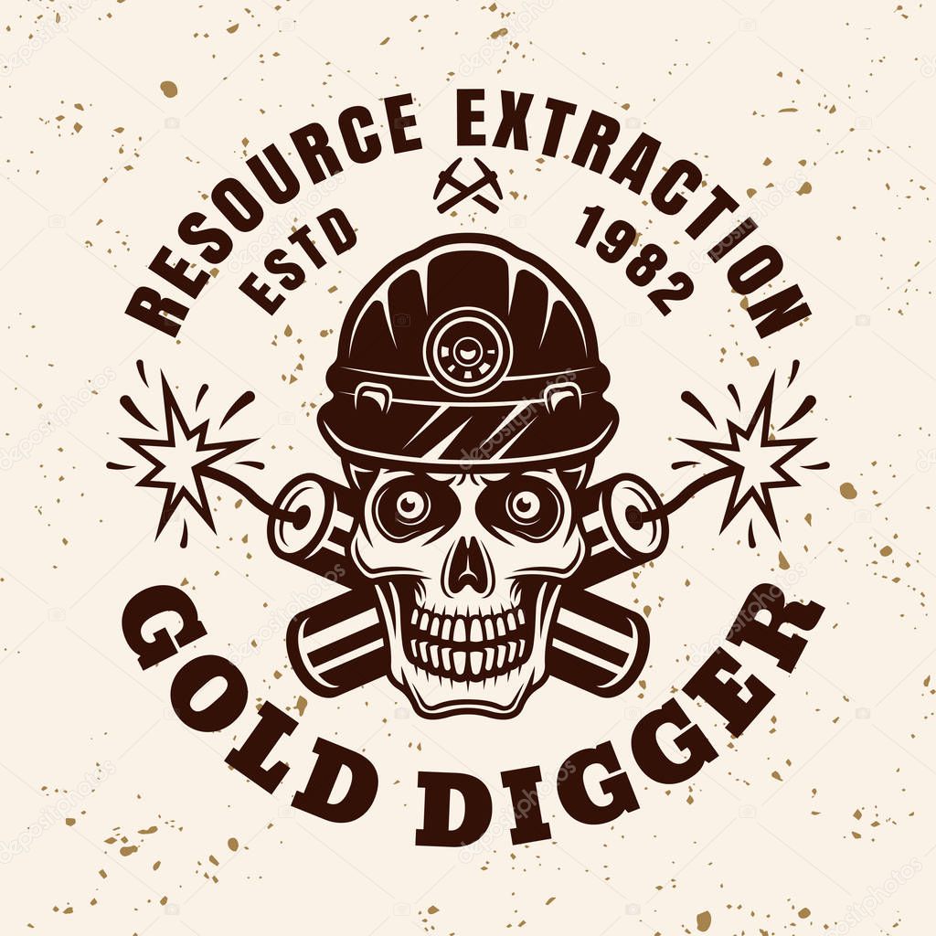 Skull of gold miner and dynamites vector emblem