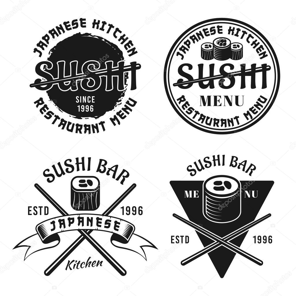 Sushi and japanese kitchen vector emblems, labels, badges or logos in vintage monochrome style isolated on white background