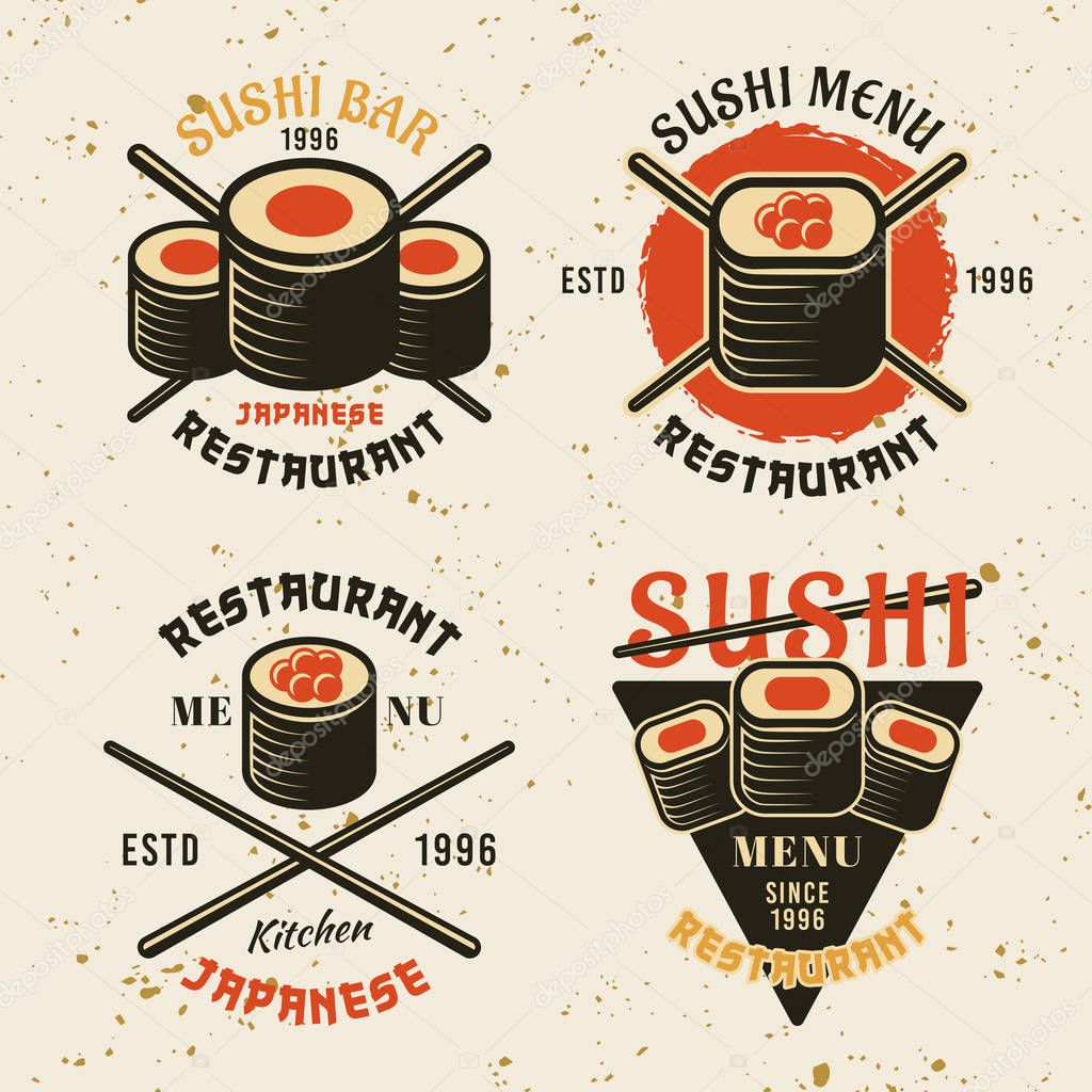 Set of four sushi colored vector emblems, labels, badges or logos in vintage style on background with texture