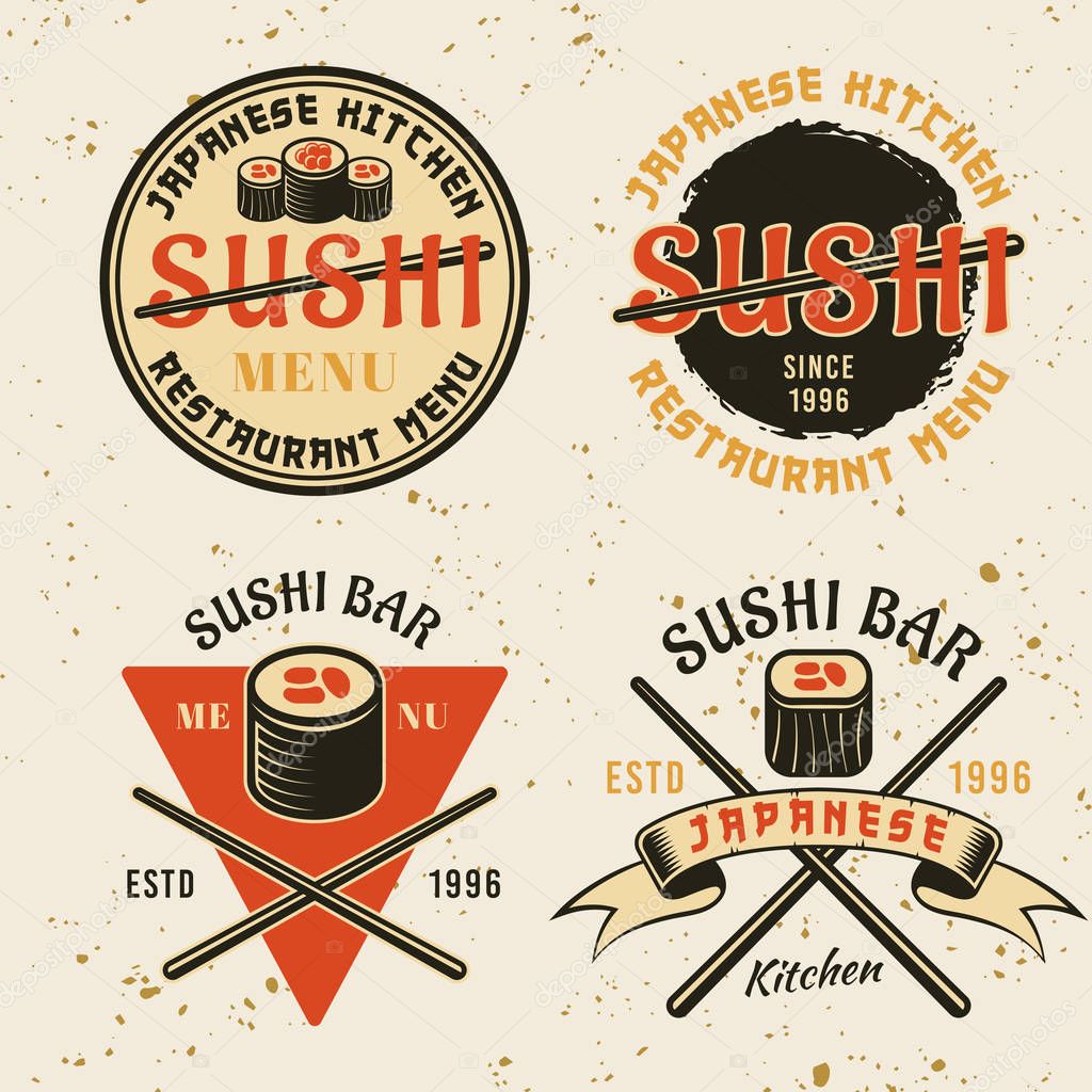 Sushi and japanese kitchen vector colored emblems, labels, badges or logos in vintage style on background with texture