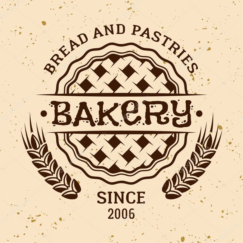 Bakery vintage vector round emblem, label, badge or logo with pie and wheat on light colored background