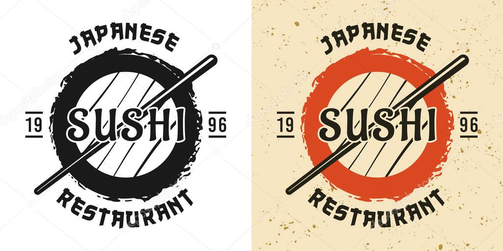 Japanese sushi two style black and colored vintage badge, emblem, label or logo vector illustration