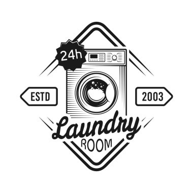 Çamaşır makinesi ile çamaşır odası vektör amblemi
