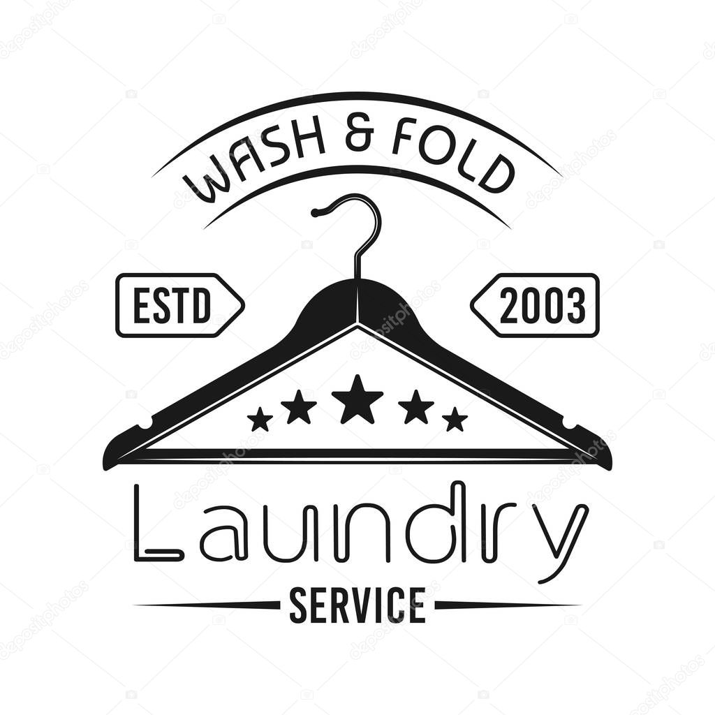 Laundry service vector emblem, label, badge or logo with clothes hanger in vintage monochrome style isolated on white background