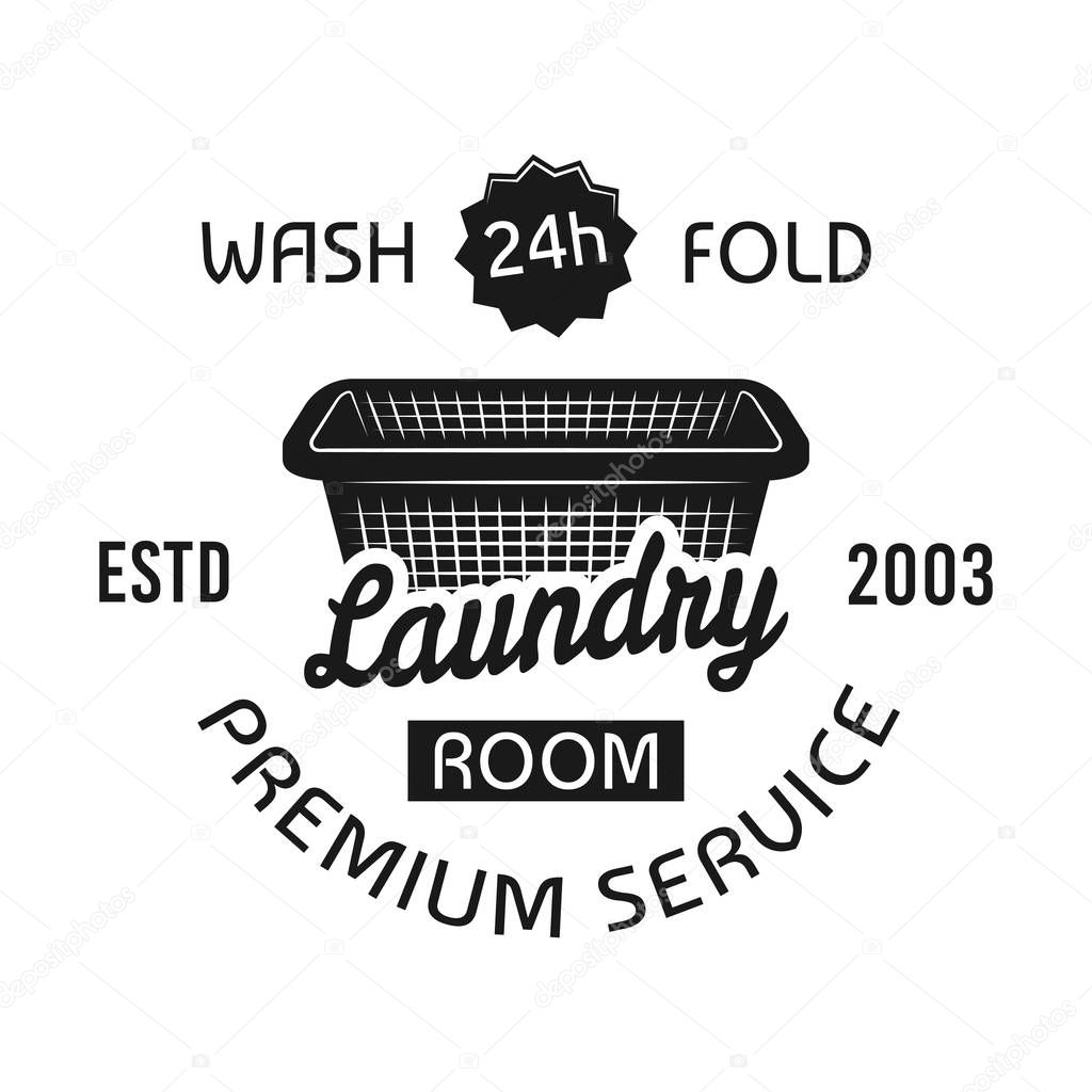 Laundry room and dry cleaning service vector emblem, label, badge or logo in vintage monochrome style isolated on white background