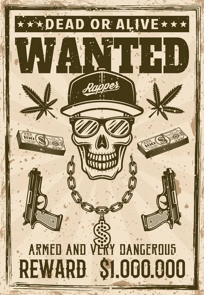 Crânio rapper Gangsta em snapback cap queria cartaz — Vetor de Stock
