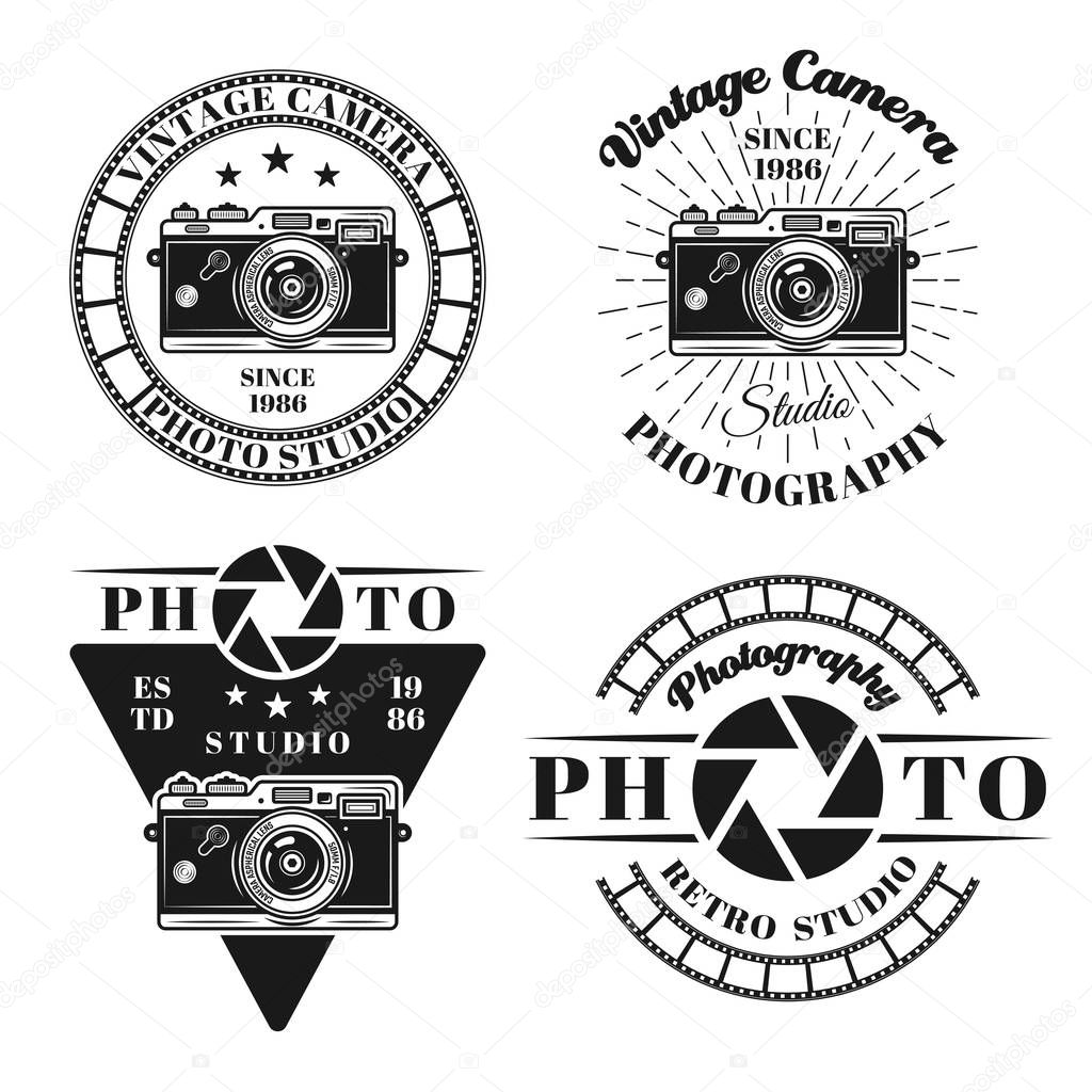Photography and photo studio set of four vector emblems, badges, labels or logos in vintage monochrome style isolated on white background