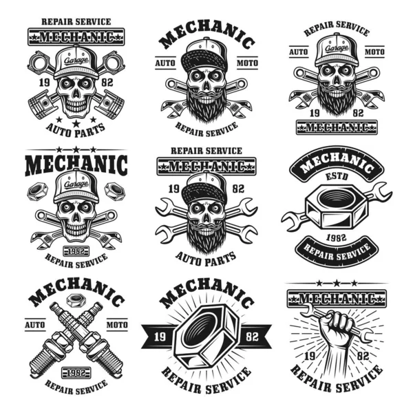 Mechanic and repair service set of vector emblems — Stock Vector