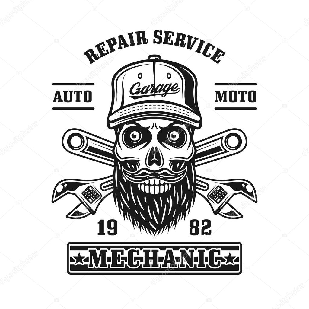 Repair service vector emblem, label, badge or logo with mechanic skull in monochrome vintage style isolated on white background
