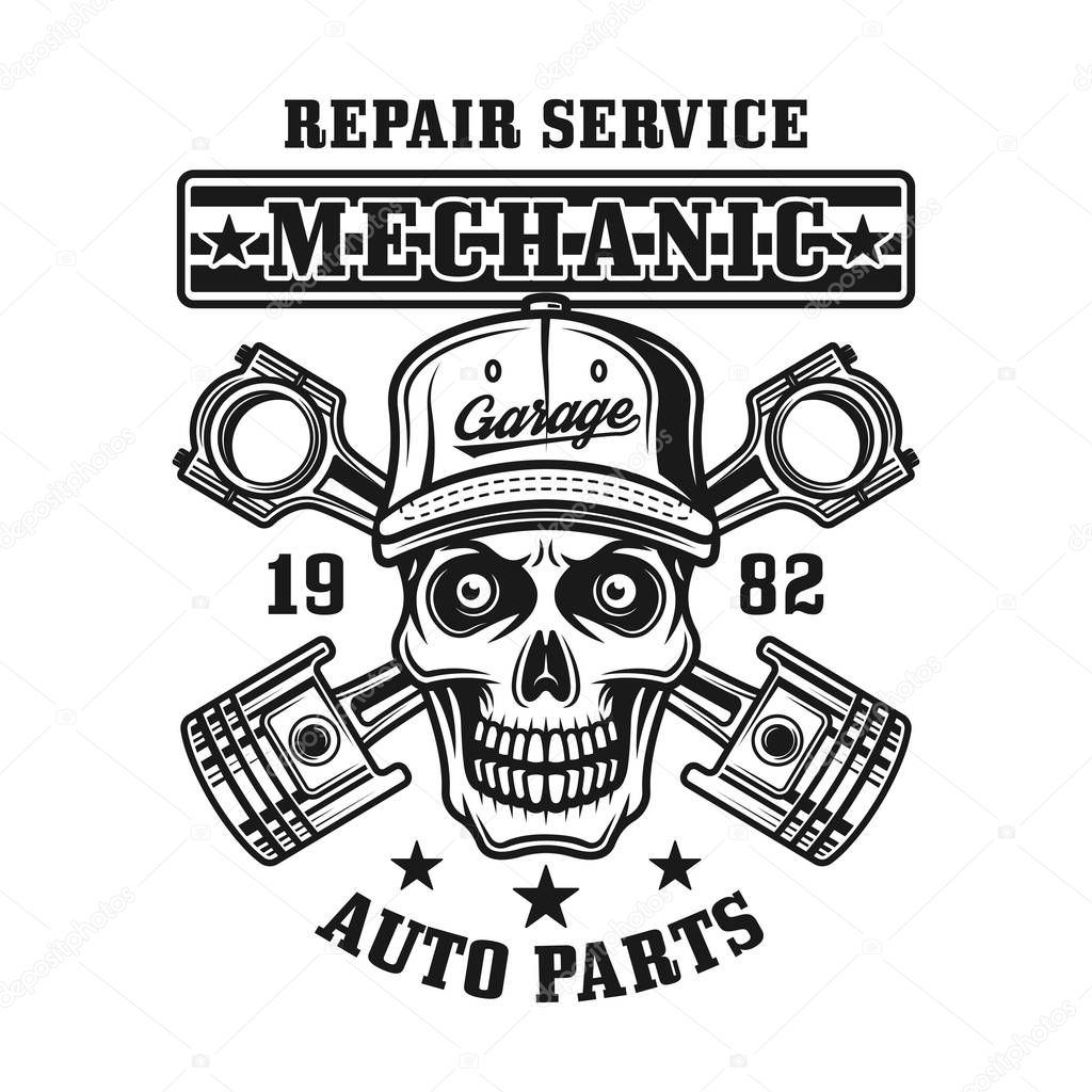 Mechanic skull and two pistons vector emblem, label, badge or logo for repair service in monochrome vintage style isolated on white background