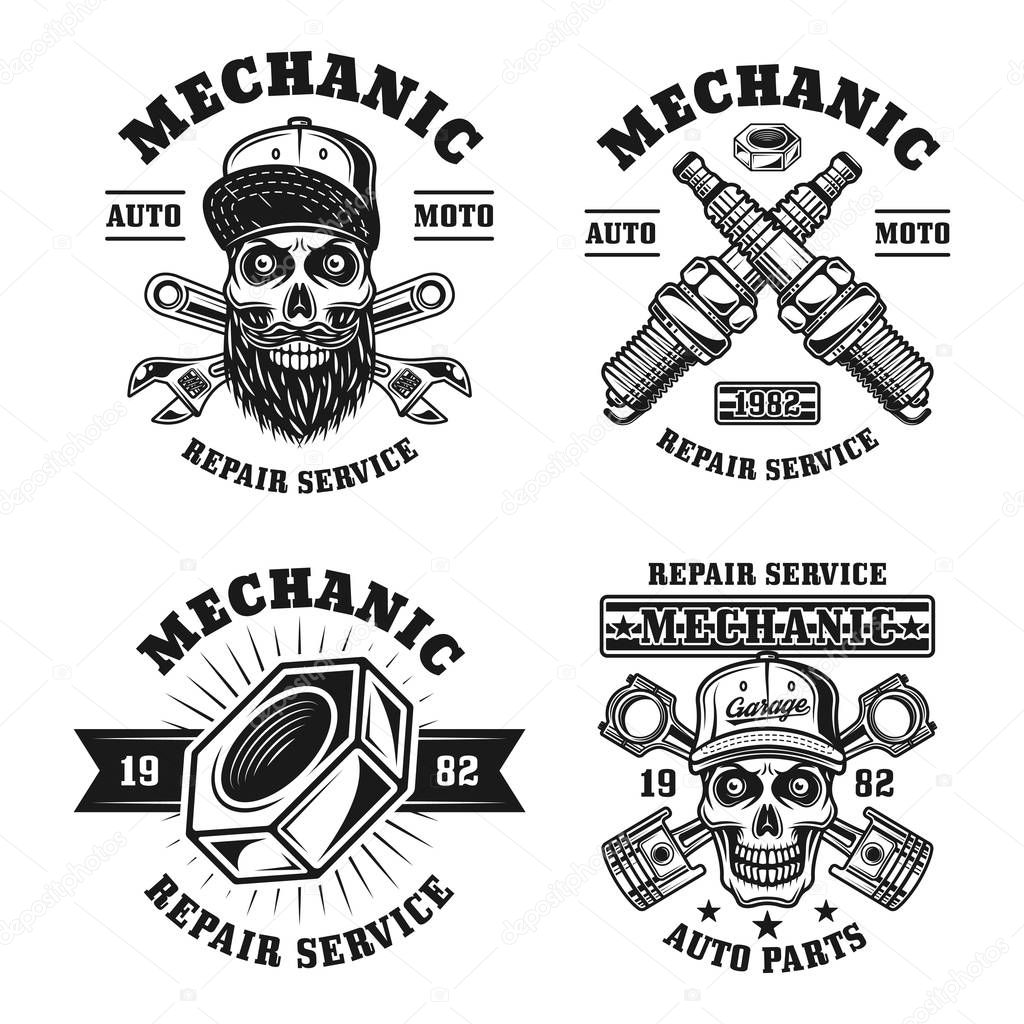Mechanic and repair service set of four vector emblems, badges, labels, stamps or logos in vintage monochrome style isolated on white background