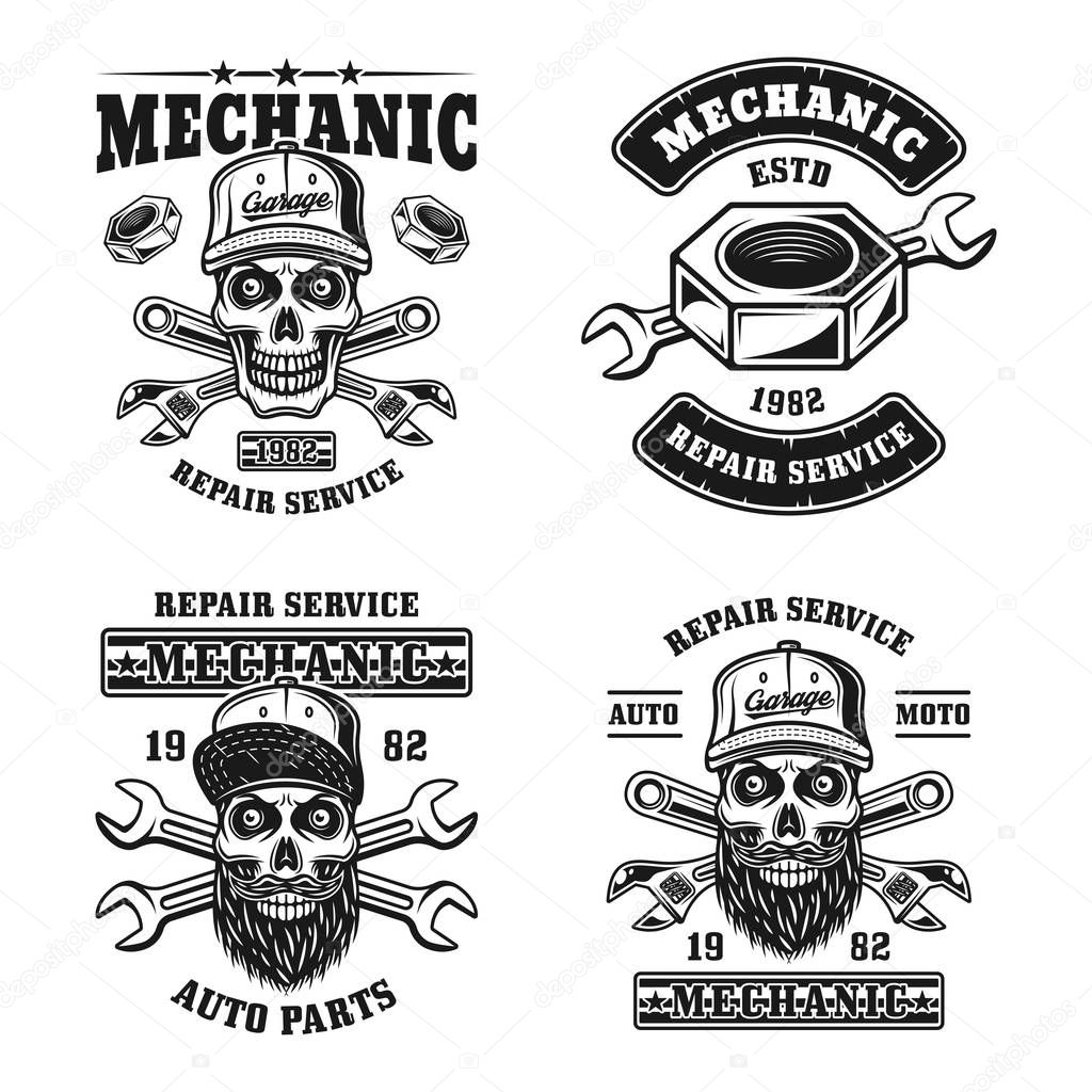 Repair service and mechanic set of four vector emblems, badges, labels, stamps or logos in vintage monochrome style isolated on white background