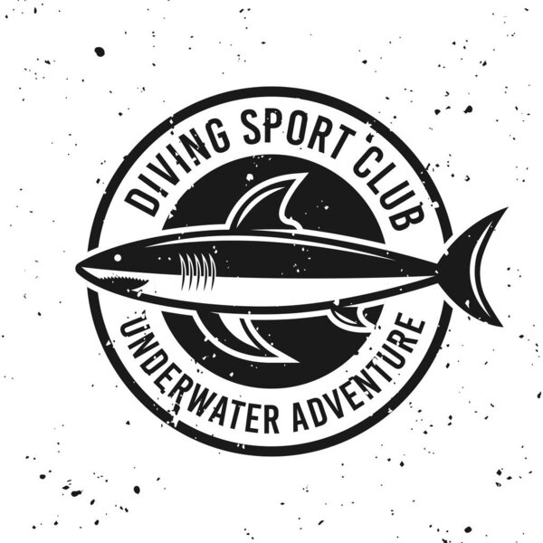 Diving club monochrome round emblem with shark