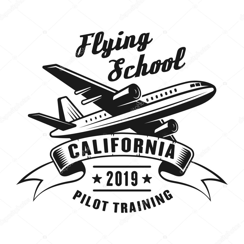 Flying school vector emblem, label, badge or logo with passenger airplane in monochrome style isolated on white background