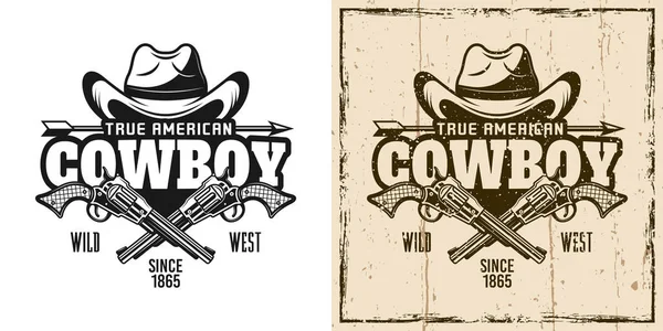 Cowboy hat and crossed pistols vector emblem — Stock Vector
