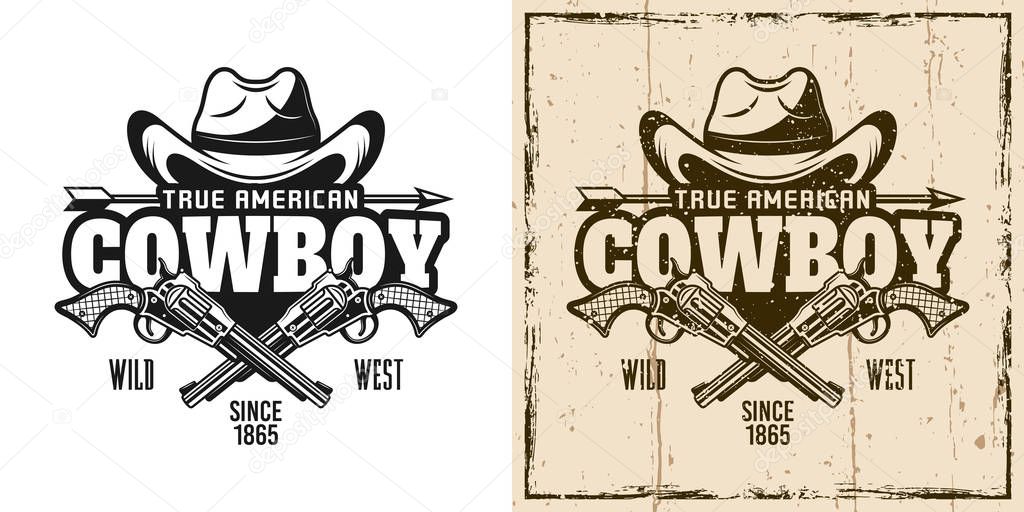 Cowboy hat and crossed pistols vector emblem