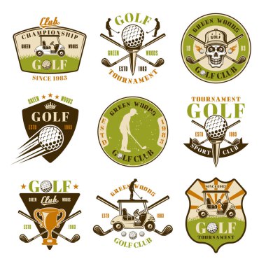 Dokuz renkli vektör amblemleri veya rozetleri Golf seti