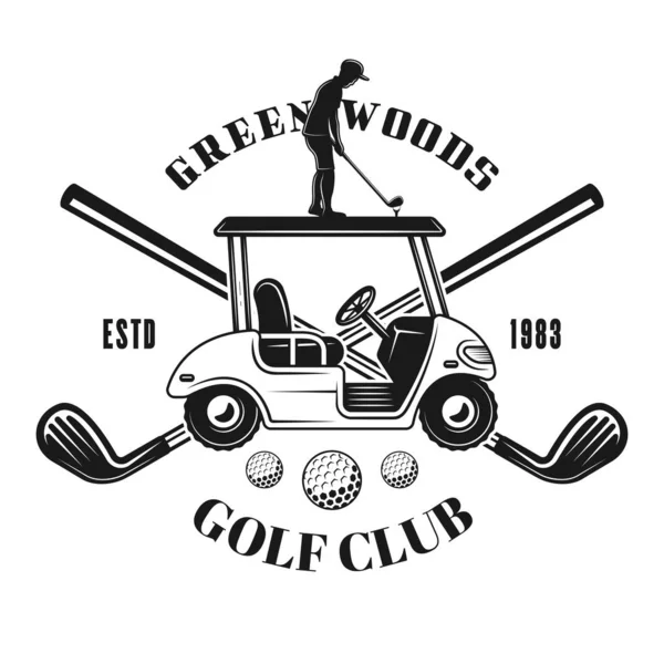 Golf car e bastoni da golf incrociati emblema vettoriale — Vettoriale Stock