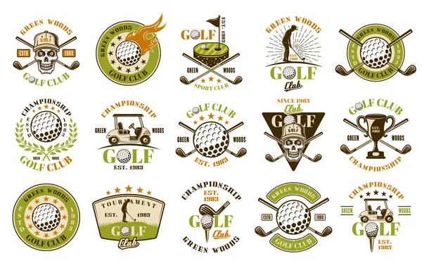 Golf duży zestaw piętnastu kolorowych emblematów wektorowych — Wektor stockowy