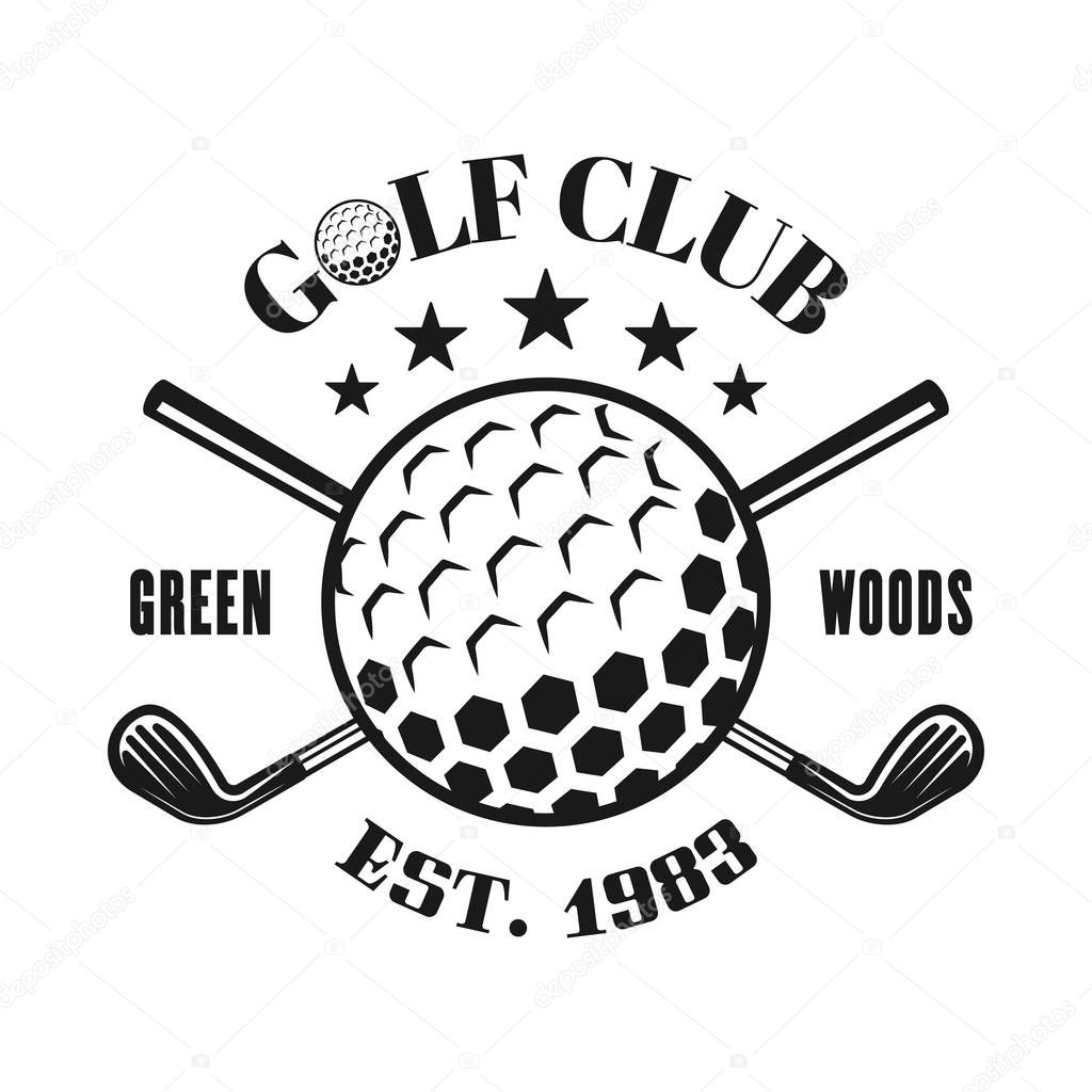 Golf club vector monochrome emblem with ball