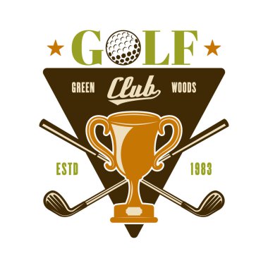Golf vektör amblemi, rozeti, şampiyon fincan ile logo.