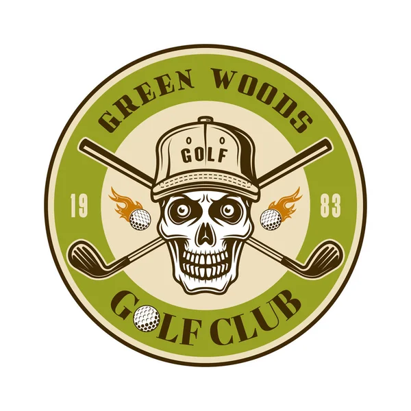 Golf club vector round emblem with skull in hat — Stock Vector