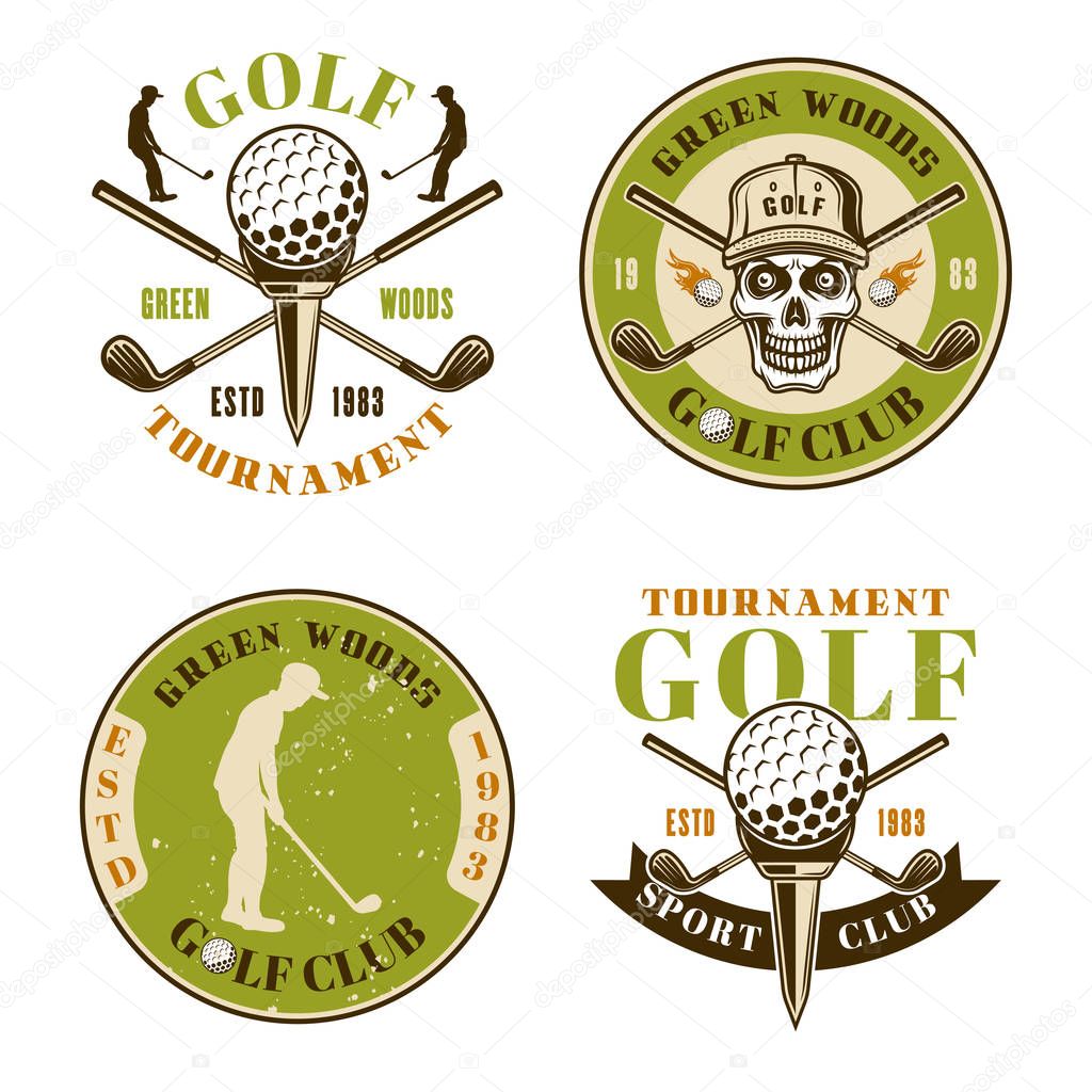 Golf club set of four colored vector emblems