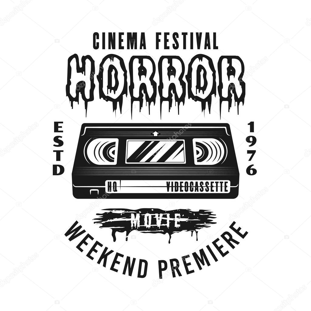 Horror movie festival vector emblem, label, badge or logo in monochrome vintage style isolated on white background