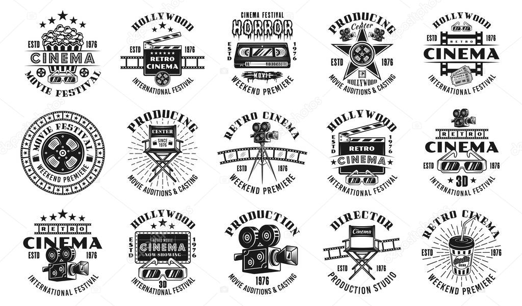 Cinema and cinematography set of fifteen vector emblems, labels, badges or logos in monochrome vintage style isolated on white background