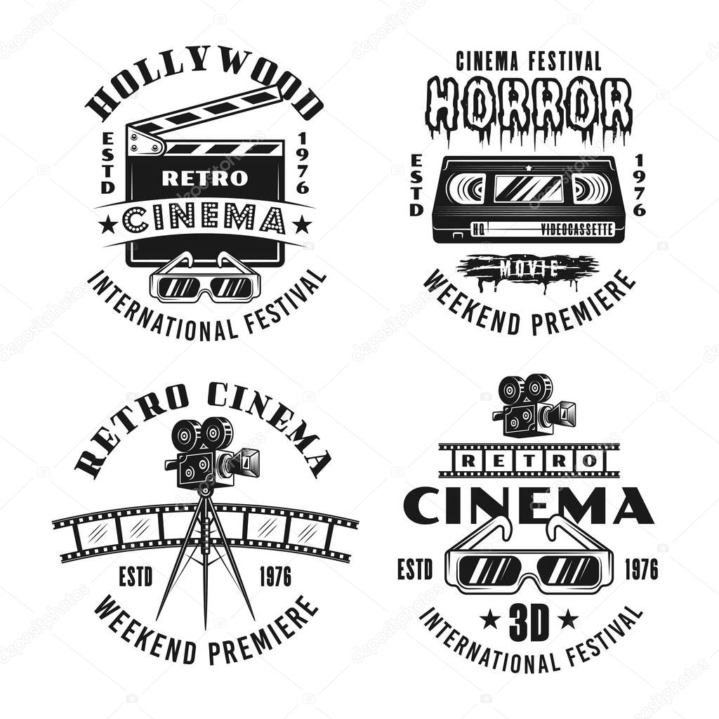 Retro movies and cinema set of four vector emblems, labels, badges or logos in monochrome vintage style isolated on white background