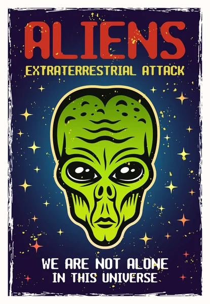 Alien green head colored vector poster with text — Stock Vector