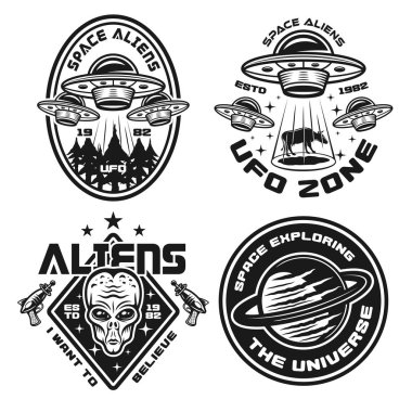 Ufo ve uzaylılar vektör monokrom amblemler seti