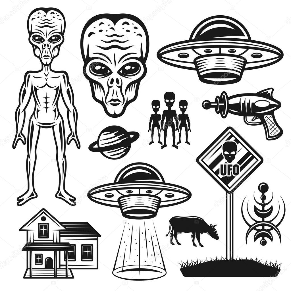 Aliens and ufo set of vector objects or elements