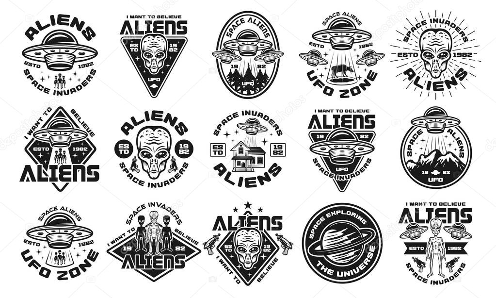 Aliens and ufo set of fifteen vector emblems, labels, badges or logos in vintage monochrome style isolated on white background