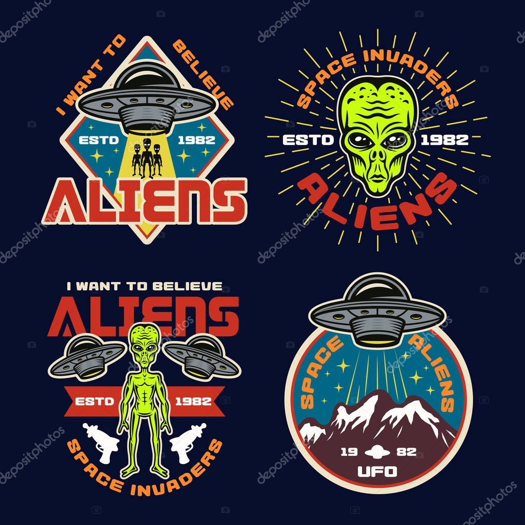 Ufo and aliens set of four colored vector emblems, labels, badges, stickers or t-shirt prints in vintage style on dark background