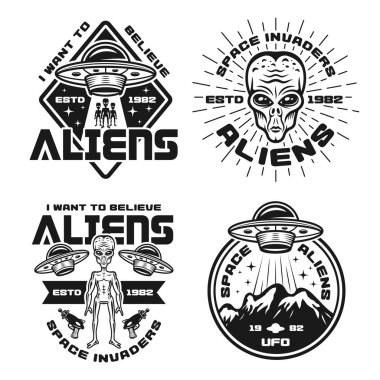 Ufo ve uzaylılar vektör siyah amblemler kümesi