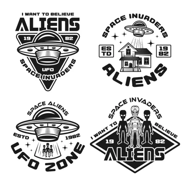 Set of vector aliens and ufo emblems and badges — Stock Vector