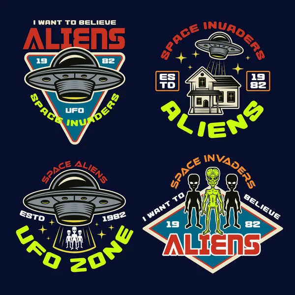 Set of vector aliens and ufo color vector emblems — Stock Vector