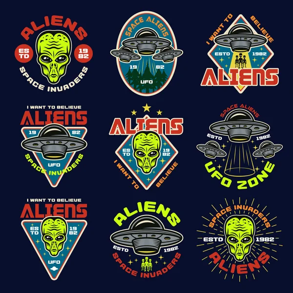 Aliens and ufo set of nine vector colored emblems — Stock Vector