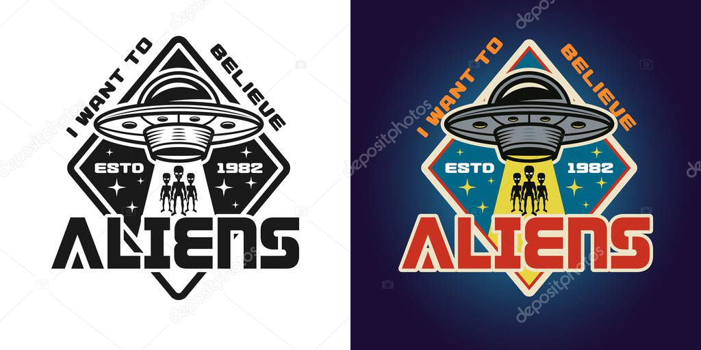 Invaders attack vector emblem, badge, label, logo or t-shirt print in two styles monochrome and colored
