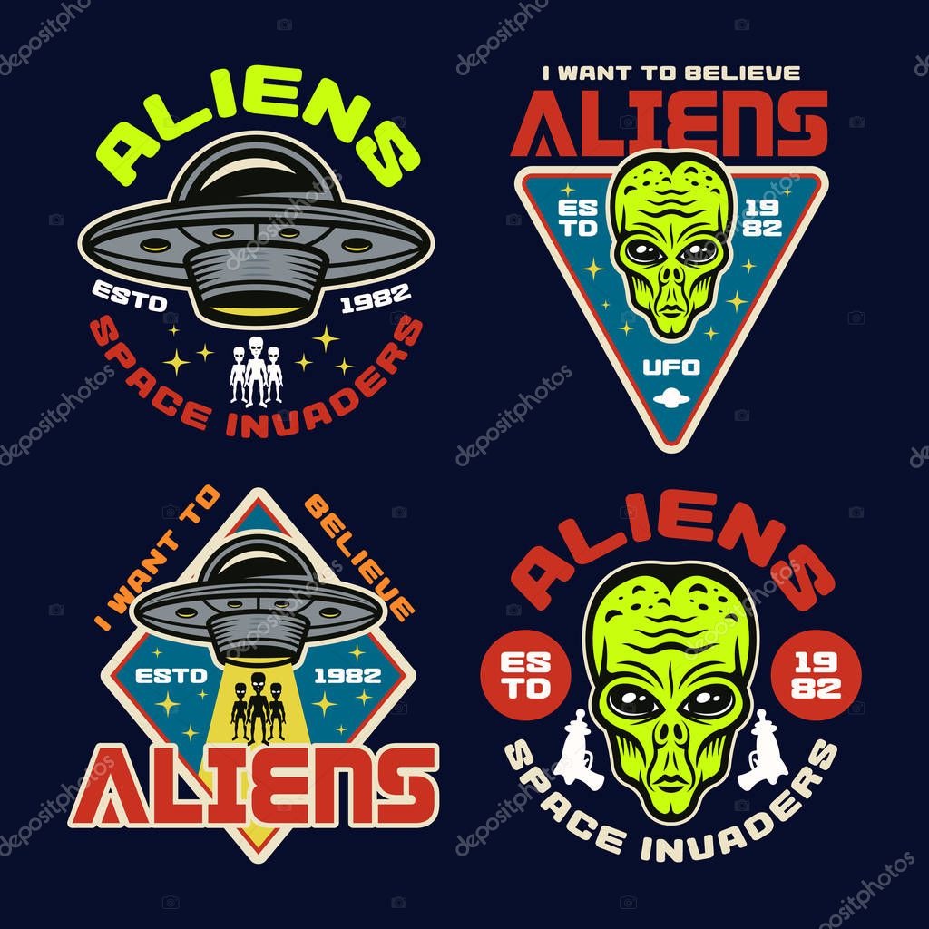 Aliens and ufo set of four colored vector emblems, labels, badges, stickers or t-shirt prints in vintage style on dark background