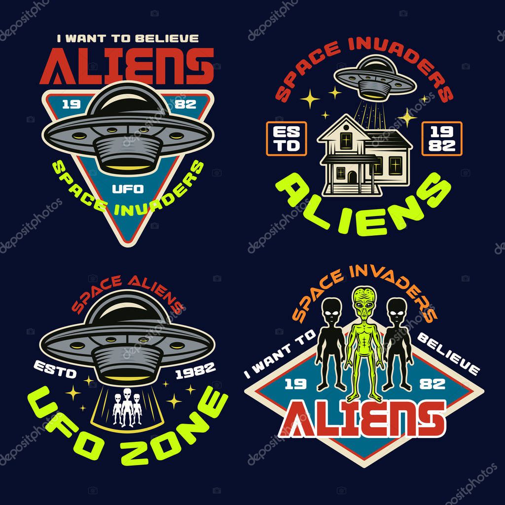 Set of vector aliens and ufo colored vector emblems, labels, badges, stickers or t-shirt prints in vintage style on dark background