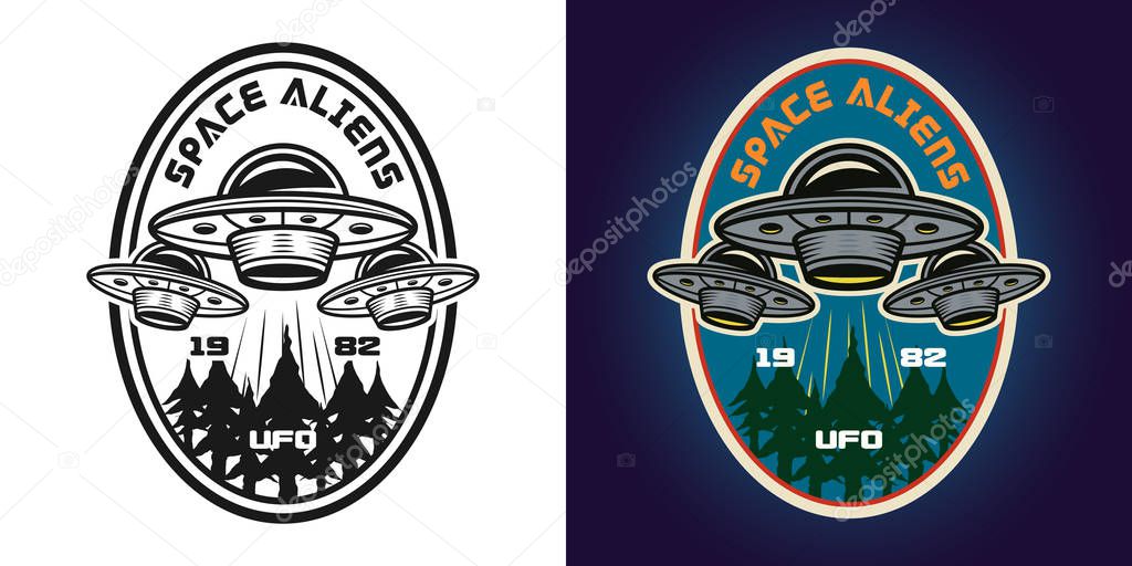 Ufo attack vector emblem, badge, label, logo or t-shirt print in two styles monochrome and colored